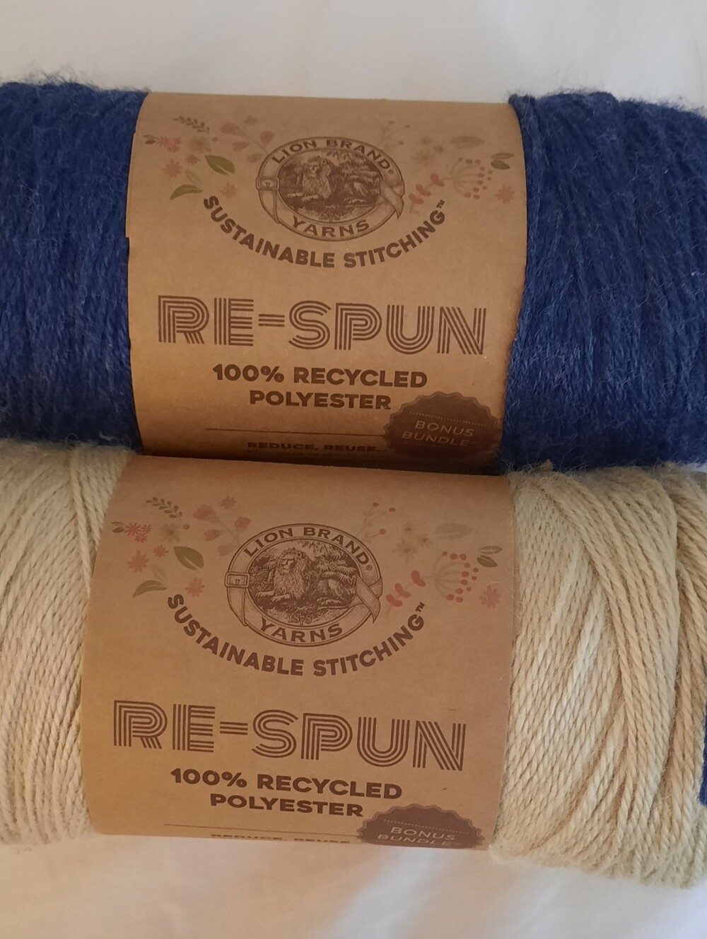 De-Stashing Lion Brand RE-SPUN - 2 Large Skeins - Navy Blue and Natural